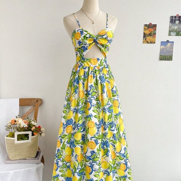 Multicolor Boho Women's Spaghetti Strap V-Neck Knotted Waist A-Line Midi Dress - Picture 4 of 7